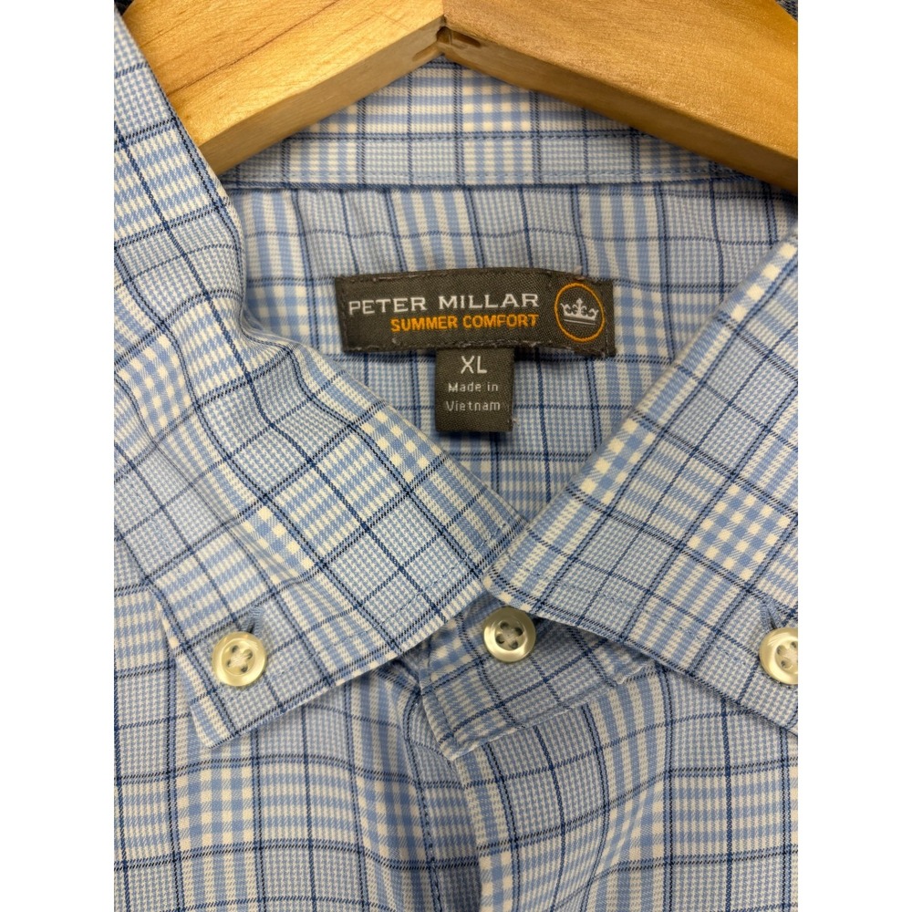 Peter Millar Shirt Mens XL Blue‎ Plaid Summer Comfort Performance Long Sleeve - Picture 2 of 9